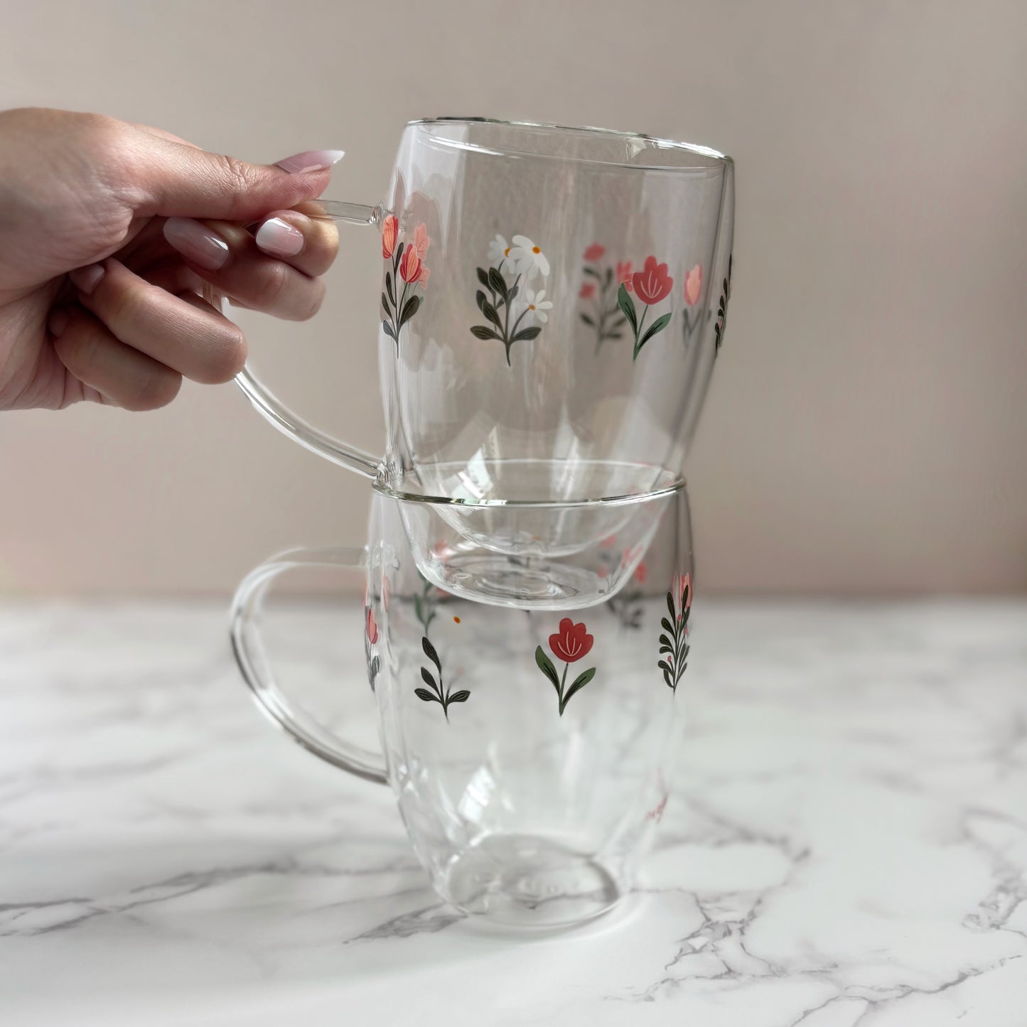 Floral Grace Double-walled 350ml Glass Mug